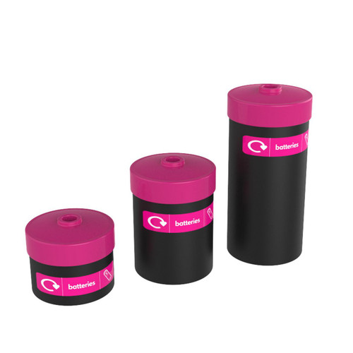Leafield 10 / 18 / 30 Litre Battery Recycling Bin, set of three black cylindrical bins with pink lids and recycling label for batteries.