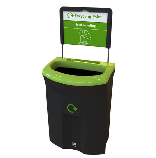 Leafield 110 Litre Meridian Single Waste Stream Recycling Bin, black and green recycling bin with a digital display and a recycling symbol
