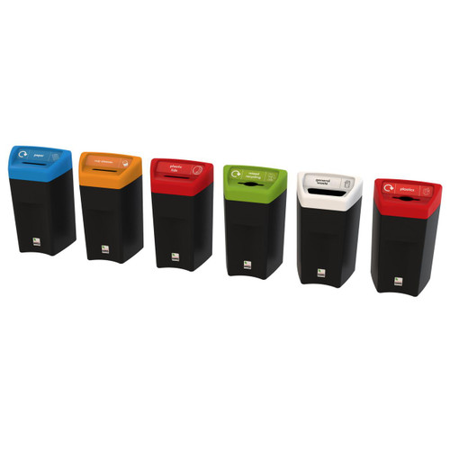Leafield 33 Litre Enviropod Single Waste Stream Recycling Bin, a set of multi-colored waste sorting bins with different labels for recycling materials.