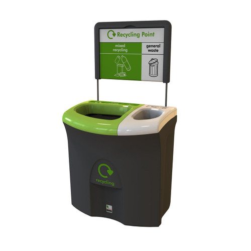 Leafield 87 Litre Meridian Double Waste Stream Recycling Bin, eco-friendly recycling bin with dual compartments for mixed recycling and general waste, featuring a green and white design with a top lid and a sign on top indicating recycling options.