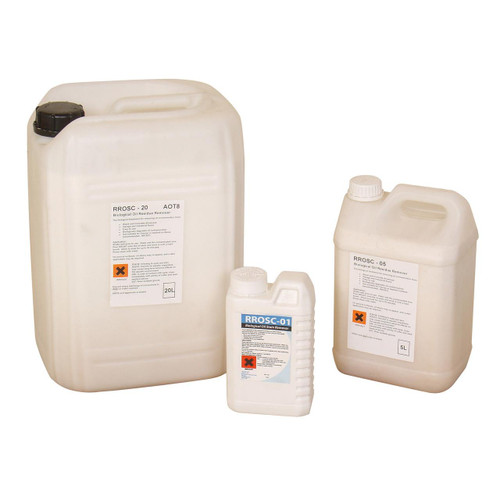 Fentex 20Ltr RROSC Concrete & Hard Surface Cleaner, image showing three bottles of biological oil residue remover in different sizes with labels.