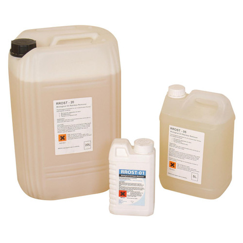 Fentex 5Ltr RROST Concrete & Asphalt Cleaner, three plastic containers of different sizes with labels describing the biological oil residue remover solution.