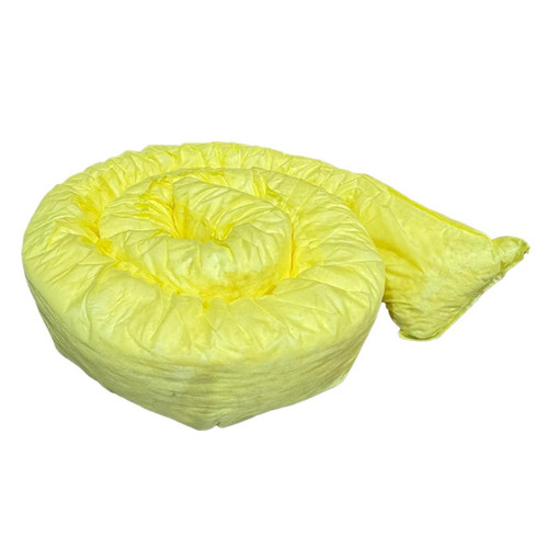 FyterTech 2 Pack 13cm x 3m Chemical Absorbent Land Booms, yellow absorbent land spill containment boom in a coiled rolled state with a matching yellow bag for storage or transport.