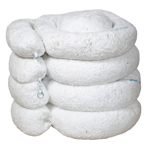 Fentex 4 Pack 12cm x 3m Absorbent Spaghetti Fill Marine Booms, stacked white absorbent marine booms for oil spill containment.
