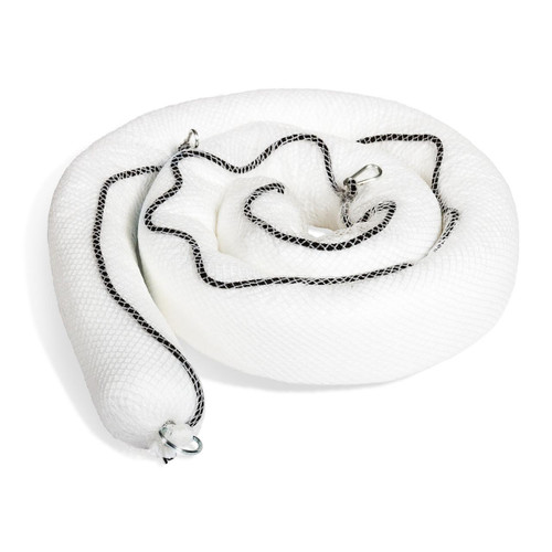 Fentex 4 Pack 13cm x 3m Oil Absorbent Marine Booms, coiled white oil spill containment booms with black and silver accents for marine oil spill clean-up.
