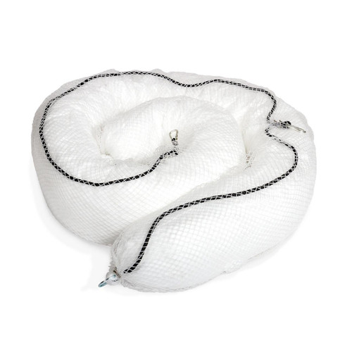 FyterTech 4 Pack 20cm x 3m Oil Absorbent Marine Booms, white absorbent oil containment booms with black trim, designed for marine oil spill cleanup.