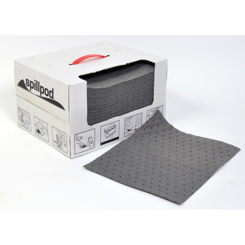 Fentex 100 Double Weight General Use Absorbent Pads 60L Boxed, grey perforated absorbent pads in a white box with handle and instruction illustrations.