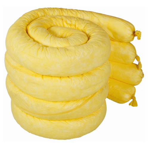 Fytertech 8 80L 8cm x 3m Chemical Absorbent Socks, bright yellow absorbent socks coiled and stacked for spill containment.