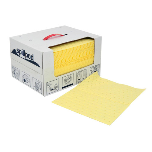 Fentex 200 Premium Single Weight Chemical Absorbent Pads, a box of yellow absorbent pads with perforated design, shown with one pad outside the box.