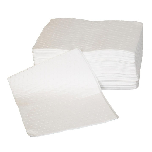 Fentex 100 Double Weight Oil & Fuel Absorbent Pads 60L Polywrapped, stack of white absorbent pads for oil and fuel spill cleanup.