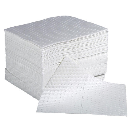 Fentex 100 Premium Double Weight Oil & Fuel Absorbent Pads 100L Polywrapped, a large stack of white absorbent pads with textured surface for oil and fuel spill cleanup.