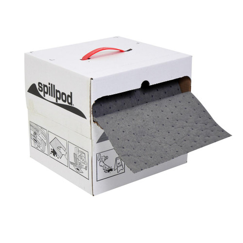 Fentex 76cm x 40m 152L Premium General Use Absorbent Roll Boxed, spillpod absorbent roll spilling from a box showing its grey color with dotted pattern.