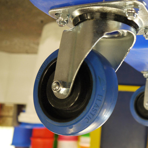 Excelsior Set of 4 Replacement Trolley Rubber Caster Wheels, close-up view of a blue rubber caster wheel attached to a metal bracket for trolley or cart replacement.