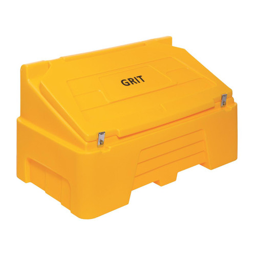 Excelsior Bulk 15+ 400 Litre Heavy Duty Grit Bins, bright yellow heavy-duty grit storage container with secure lid and metal clasps.