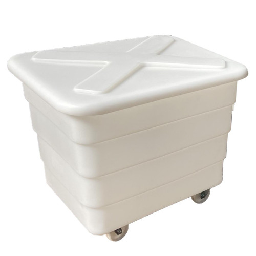 Excelsior 225 Litre Heavy Duty Plastic Stock Trolley Watertight, white plastic trolley with four wheels and a lid featuring a cross-shaped handle for secure closure.