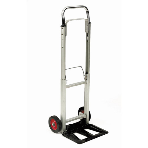 GPC 90kg Load Compact Folding Sack Truck GI960Y, a lightweight and foldable aluminum sack truck with black base and red wheels for easy transportation of heavy loads.