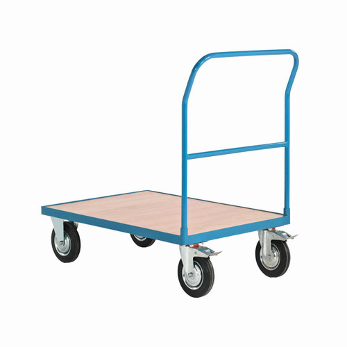 GPC Flatbed Platform Truck with Single Bar End 500kg Load, blue metal frame and hardwood flatbed with four swivel casters for industrial material transport.