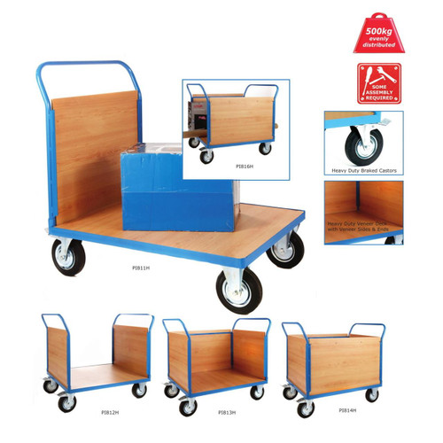 GPC Flatbed Platform Trucks with Veneer Sides & Ends, 500kg Load capacity, heavy-duty construction, with heavy-duty braked casters for easy mobility.