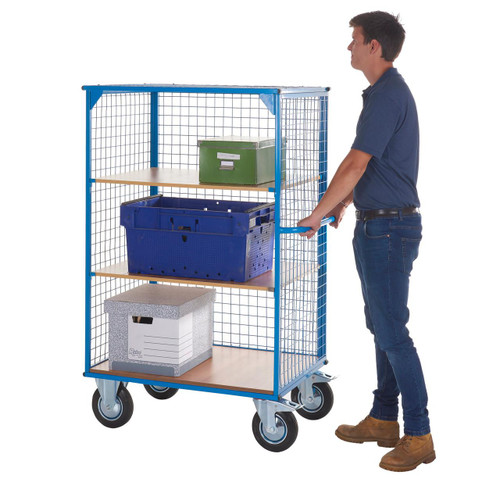 GPC Heavy Duty Cage Distribution Truck 1490mm High Capacity 500kg, blue metal cage on wheels with shelves holding boxes, with a person pushing the cart.