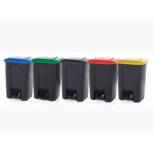 GPC 80 Litre Foot Pedal Bin With Coloured Lids, set of five black bins with blue, green, gray, red, and yellow lids for waste separation and disposal.