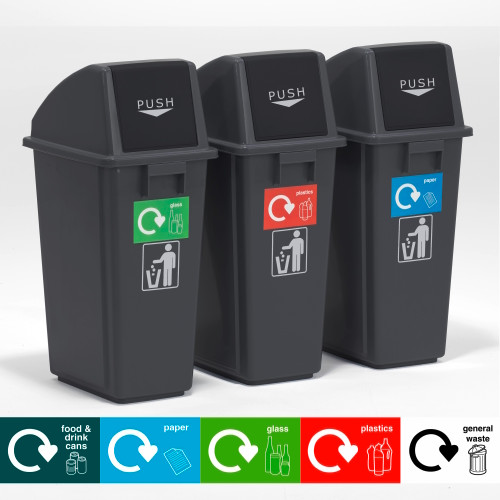 Set of 3 60 Litre Indoor Waste Recycling Bins Roadware