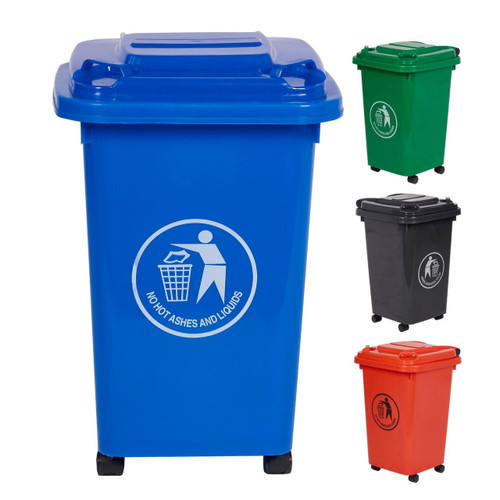 GPC 30 Litre Grey, Red, Green or Blue Wheelie Bin, a colorful mobile waste bin with a lid and wheels for waste disposal.