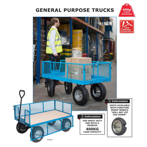 GPC REACH Compliant Industrial Trucks with Mesh Sides 400kg Load, blue heavy-duty industrial truck with mesh sides and puncture-proof wheels, used for transporting goods in warehouses.