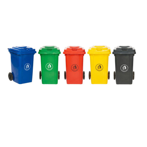 GPC 120 Litre Wheelie Bin, multi-colored waste disposal bins in grey, red, green, yellow, and blue with recycling symbol on the side.