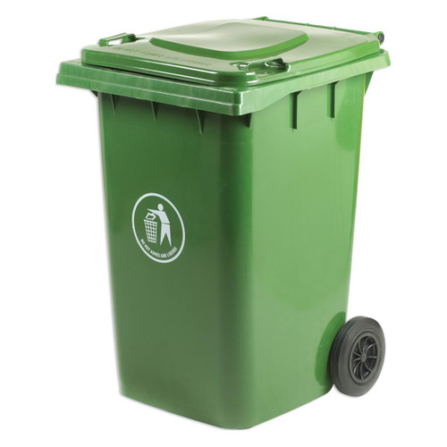 GPC 360 Litre Grey, Red, Green, or Blue Wheelie Bin, environmental waste collection container with lid and wheels for waste disposal.