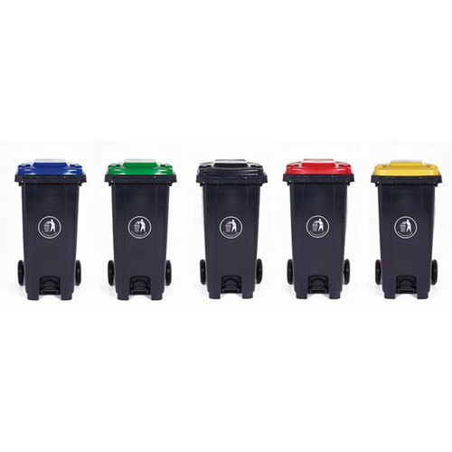 GPC 120 Litre Peddle Wheelie Bin Green, Blue, Grey, Red or Yellow Lids, outdoor waste management bins with pedal operated lids in various colors for recycling and waste disposal.