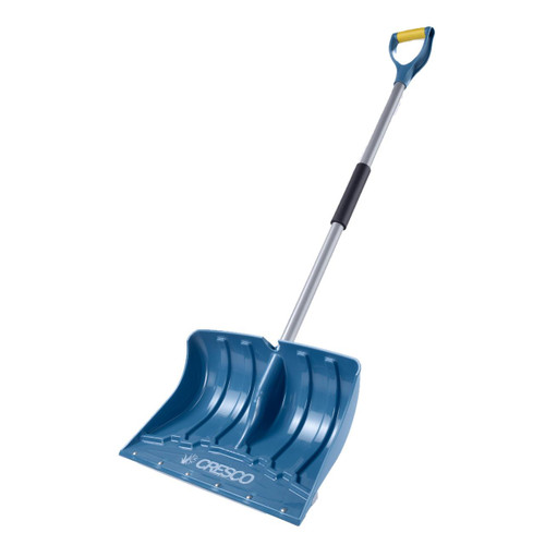 Cresco Heavy Duty Snow Shovel with Metal Edge, blue snow shovel with a sturdy metal-edged scoop and ergonomic handle for snow removal.