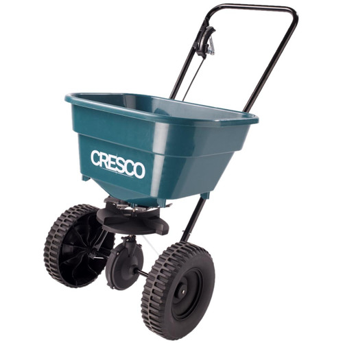 Cresco CR8SW 30kg Economy Salt Spreader, black-handled yard salt spreader with a large teal plastic hopper and sturdy wheels for easy application of salt on sidewalks and driveways.