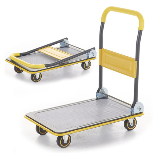 GPC Deluxe Folding Flatbed Trolley 150 or 300kg Load, yellow and gray industrial flatbed trolley with foldable handle and wheels for cargo transportation.