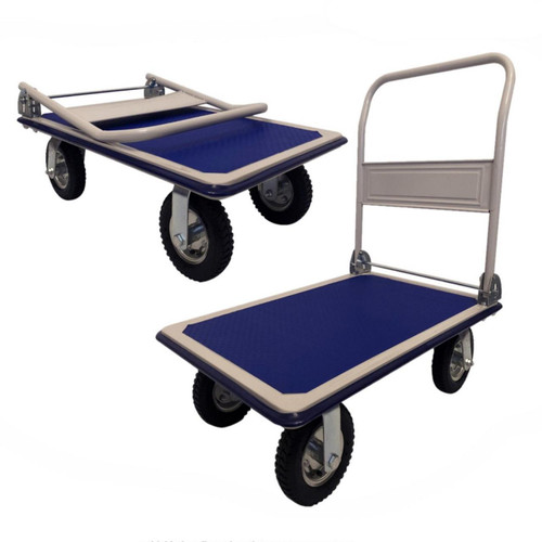 GPC Large Wheeled Folding Flatbed Platform Tolley, blue and white folding platform carts with sturdy metal frame and four wheels for moving heavy loads up to 350kg.