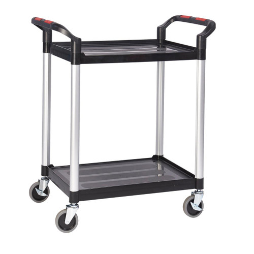 GPC Proplaz 2 Shelf Table Trolley, a black and silver mobile utility cart with two spacious shelves and four wheels for easy transportation.