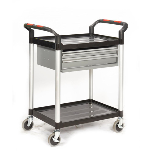 GPC Proplaz 2 Shelf Table Trolley With Two Drawers, mobile utility cart with a black top, silver metal frame, two drawers, and wheels for easy mobility.