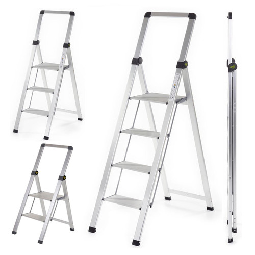 Climb IT GPC 2, 3 or 4 Tread Slim Folding Aluminium Climb-It Steps, foldable lightweight aluminum ladder with three or four steps and black rubber feet for stability.