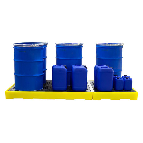 Romold BF6 Low Profile 6 Drum Bunded Workfloor 340 Litre Sump, blue drums and containers placed on a yellow bunded work floor for spill containment.