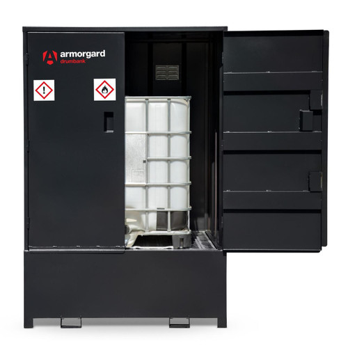 Armorgard DBIBC-1 Armorgard COSHH Fire Resistant IBC / Drum Cabinet, black metal cabinet with hazardous material warning labels and a fire-resistant enclosure for storing industrial containers.