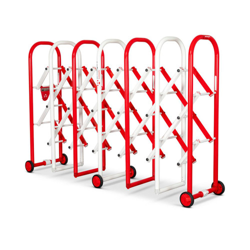 Armorgard IG4 InstaGate Expanding Barrier, a collapsible mobile safety barrier with red and white metal panels, adjustable from 405mm to 2160mm wide and 1.3 meters high for construction site safety.