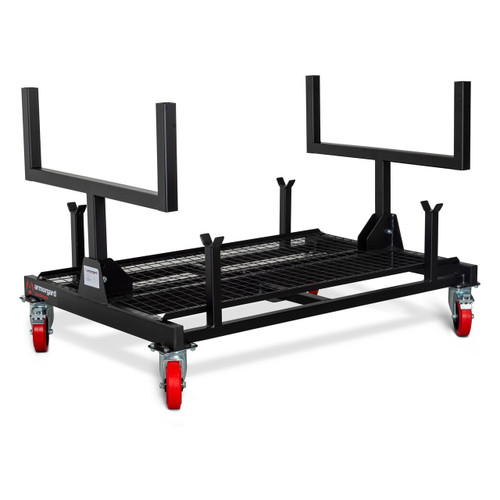 Armorgard BR1 Bundlerack Worksite Material Handling Trolley, heavy-duty black mobile trolley with wire mesh platform and four red caster wheels for transporting construction materials.
