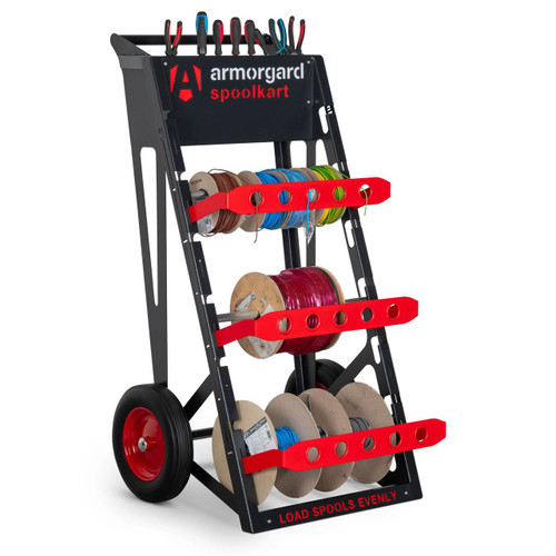 Armorgard SPK2 Spoolkart Electrical Cable Spool Cart, a mobile trolley with large red wheels and multiple shelves holding various spools of electrical cables and wires.