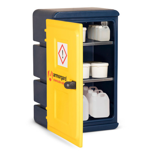 Armorgard CCC1 Chemcube 920mm High Bunded COSHH Storage Cabinet, yellow door open revealing storage shelves filled with chemical containers and safety warning sign on door.