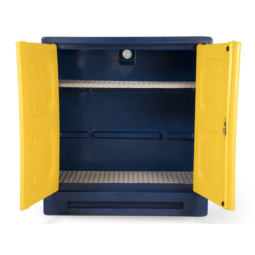 Armorgard CCC3 Chemcube 1320mm High Bunded COSHH Storage Cabinet, a blue and yellow chemical storage cabinet with open doors showing internal shelves and a drain at the bottom for hazardous chemical containment.