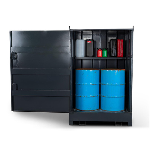 Armorgard DB4S Armorgard 4 Drum COSHH Fire Resistant Drumbank Cabinet, black metal cabinet with two large blue drums and safety containers on top for hazardous substance storage.