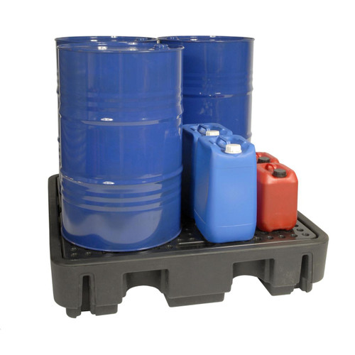 Armorgard DBP4 Armorgard 4 Drum COSHH Spill Pallet Bund 405L Sump, blue and red drums on a spill containment pallet