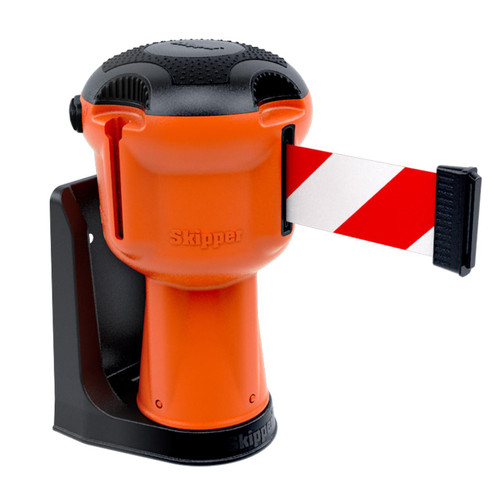 Skipper 9m Belt Barrier With Wall Brackets, orange and black belt barrier device with a retractable 9-meter striped belt for safety and crowd control.