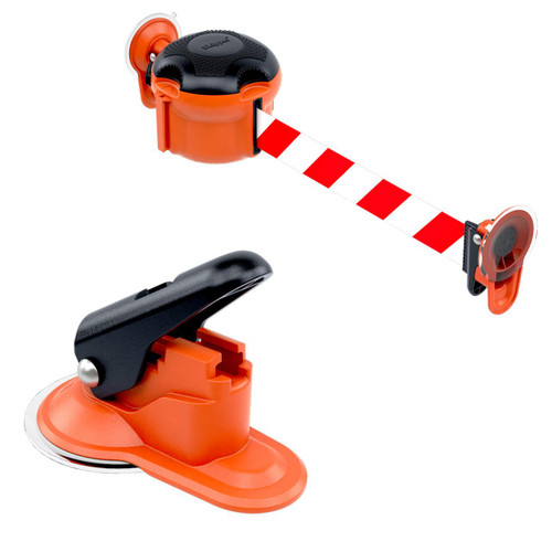 Skipper 9m XS Belt Barrier With Suction Mounts, orange and black retractable safety barrier with suction cups for secure attachment.