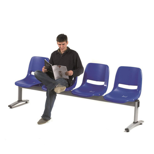 GPC 3 or 4 Seat Beam Bench, blue plastic seats with metal frame and connected design for waiting areas.