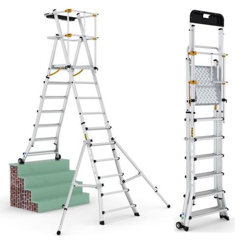 Climb IT GPC 3.7 to 4.5 Metre Climb-It Folding Telescopic Aluminium Platform Steps, adjustable multi-position telescopic aluminum steps with safety railings and non-slip steps for versatile use at various heights.